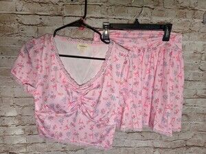 Rare Raw 2 Piece Set Outfit Size Large Feminine Bows Floral Print Skort Crop Top